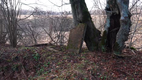 Abandoned-and-broken-gravestone-near-countryside-tree-and-hole-in-ground