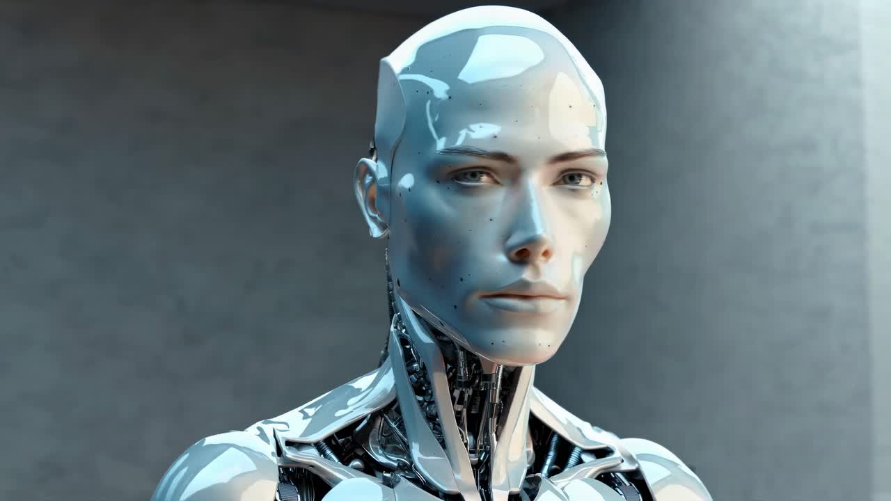 Robot umanoide futuristico dal design elegante, ripreso di profilo.