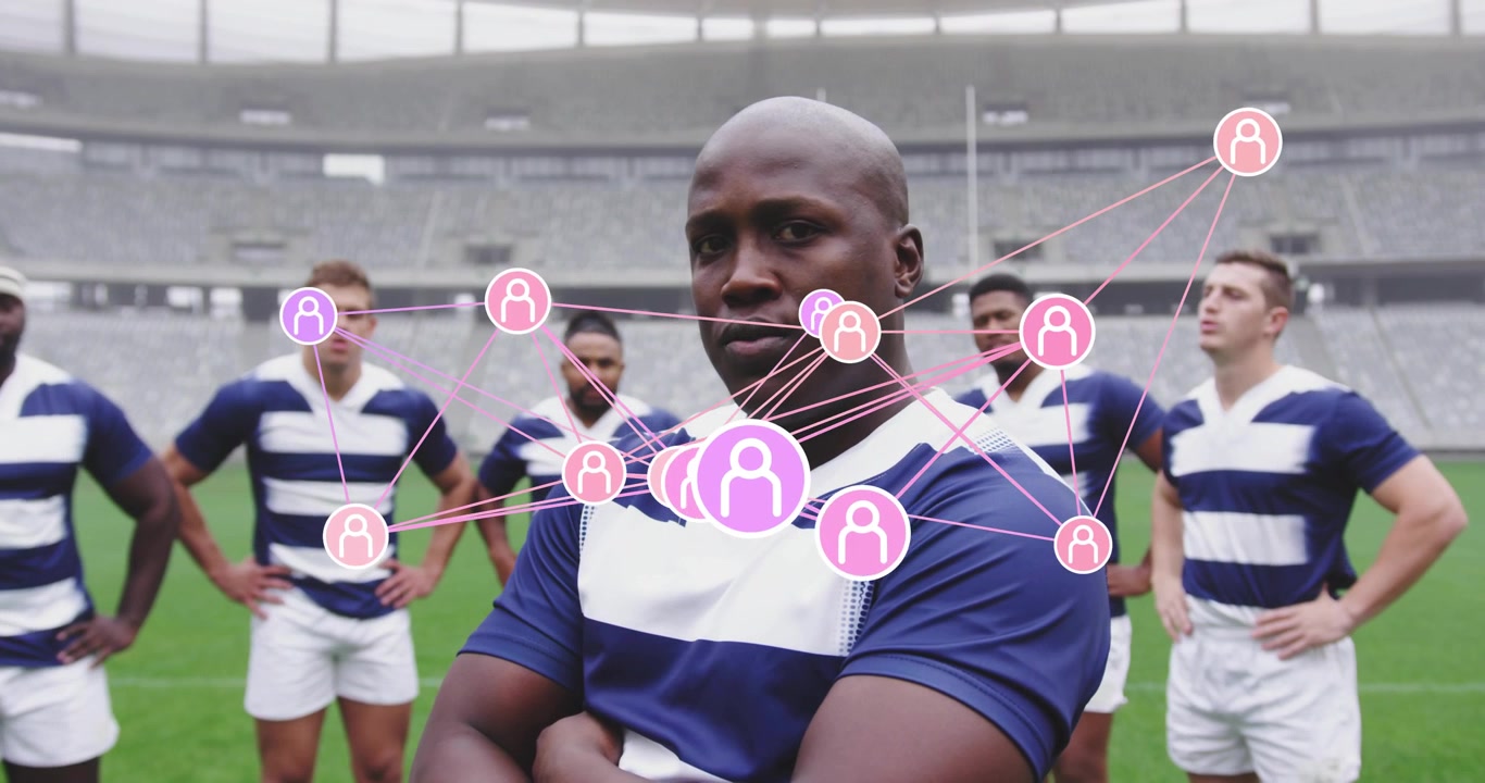 captain standing center on rugby pitch, animated nodes fading pink-purple linking team network