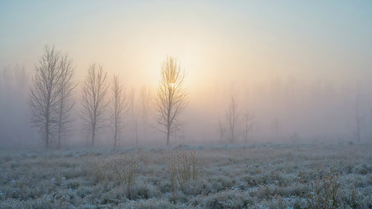 Rising sun piercing mist behind row of slim bare trees at frosty meadow, revealing frosted grass