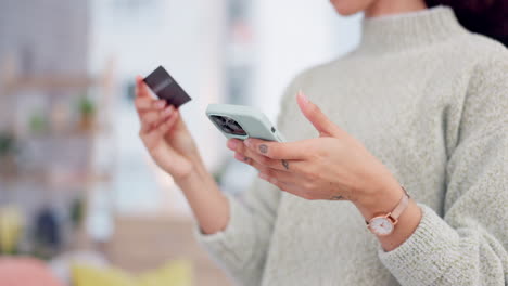 credit card, smartphone and woman hands for online