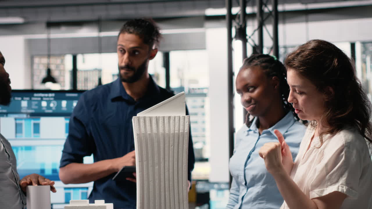 Vertical Video Contractors and engineers reviewing 3D models and construction blueprint