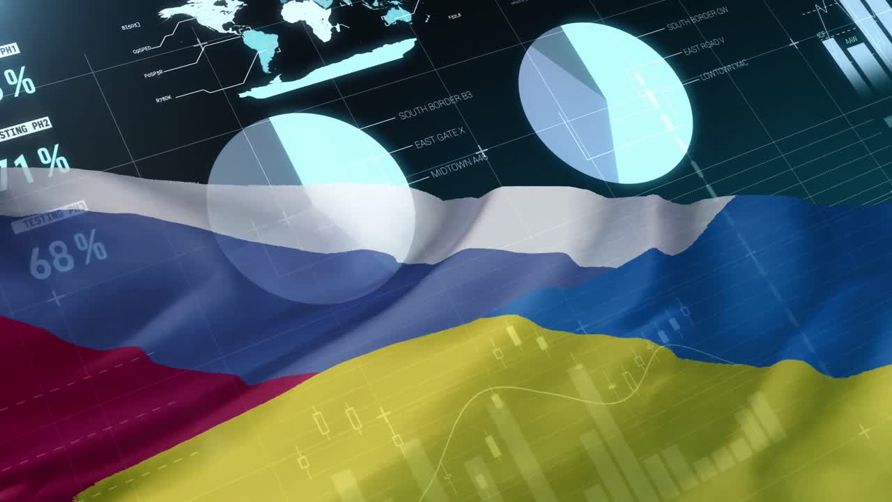 анимация обработки финансовых данных над флагами россии и украины
