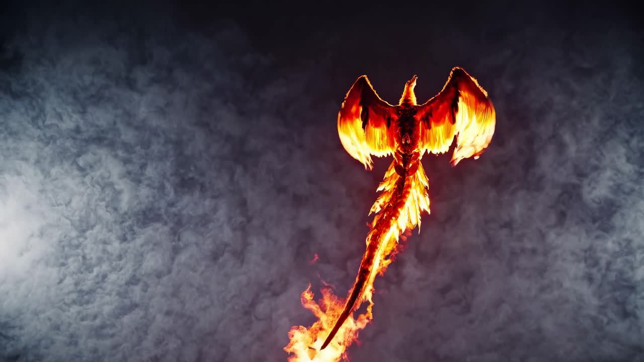 Un phénix flamboyant s’élève dans un ciel enfumé, capturé en contre-plongée