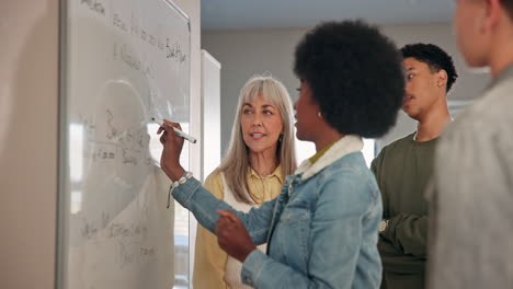 business meeting with team collaborating on a whiteboard