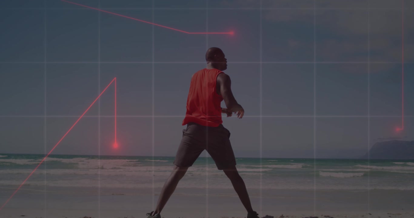 Animazione di scie di luce rosse sulla vista posteriore di un uomo afroamericano in forma che si allunga in spiaggia.