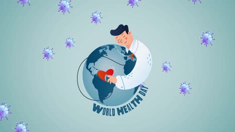 animación de un médico masculino y iconos de células virales en fondo verde