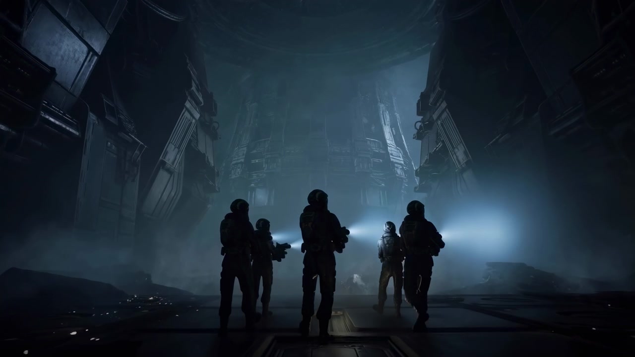 Five Silhouettes Enter Dim Industrial Corridor, Team Moving Toward Bright Backlight At End Of Vast Ruined