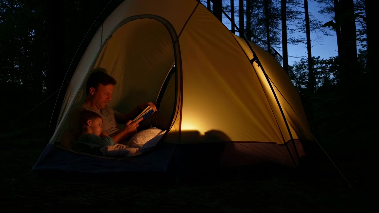 En person ses slappe af inde i et telt i en skov ved skumringstid, enten læsende eller brugende en enhed. Scenen fanger et fredfyldt sidebillede med gule og grønne farver, med syntetisk teltdug