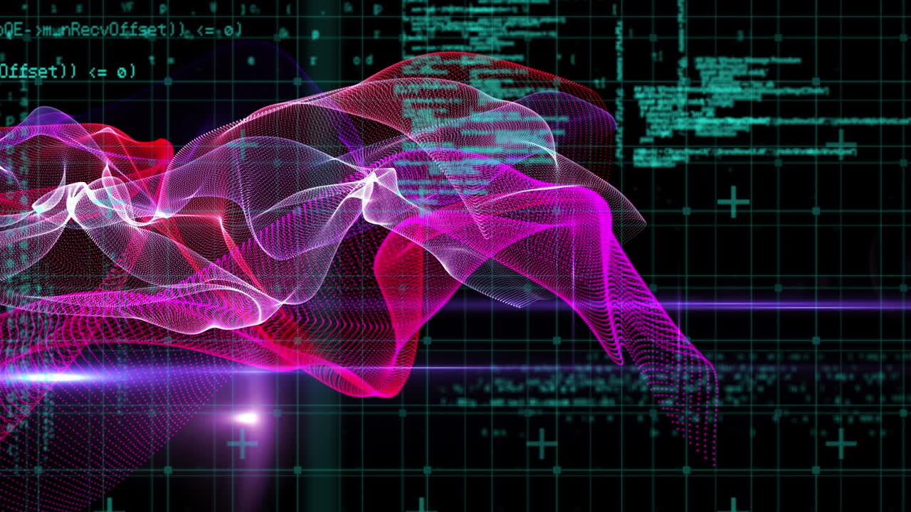 Animation of waves over data processing on black background