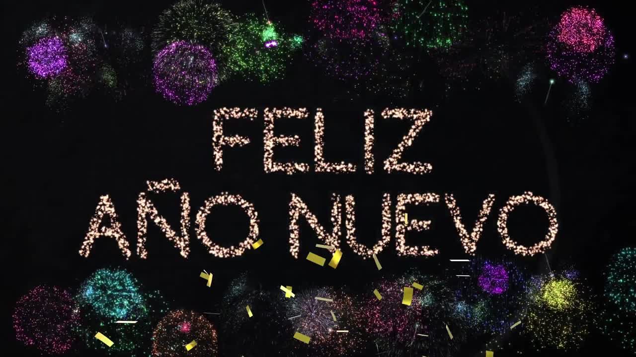 animação de felicitações de texto de feliz ano novo sobre confeti e fogos de artifício