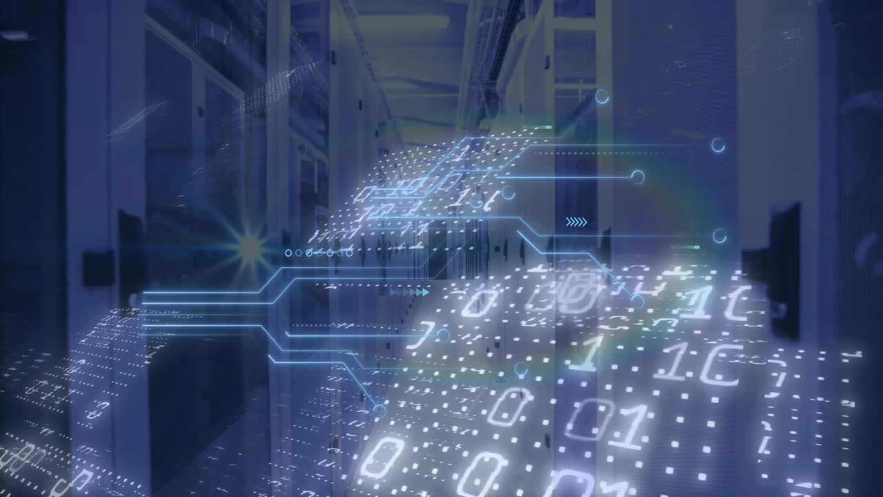 Animation of binary coding data processing and circuit board over computer servers