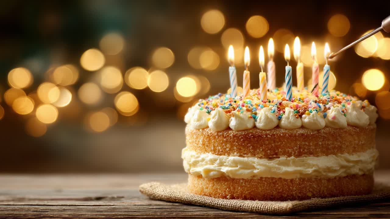 A beautifully decorated birthday cake adorned with vibrant candles, celebrating moments of joy and sweetness, enhanced by a warm, glowing background of twinkling lights