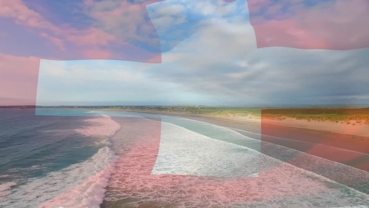 composición digital de la bandera suiza ondeando contra la vista aérea de las olas en el mar
