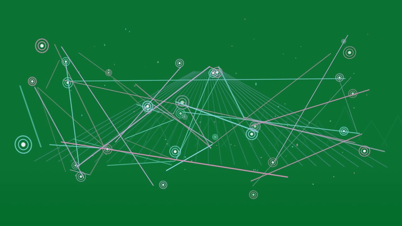 Offscreen neon rings entering, pulsing and rods extending to form network on transparent background