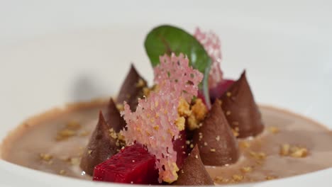 close-up of a modern beetroot and chocolate dessert