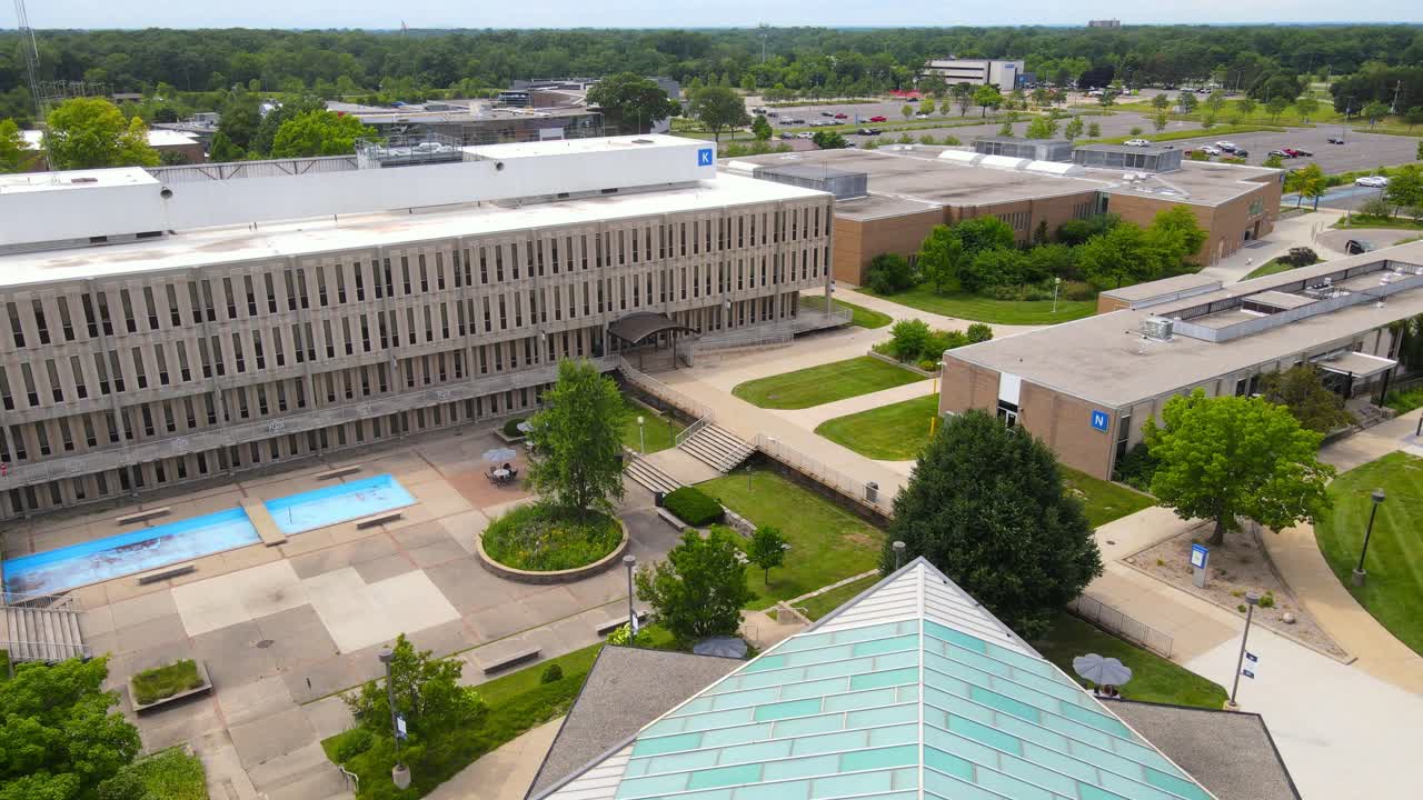 Reuther Liberal Arts Building on Henry Ford College campus in aerial view