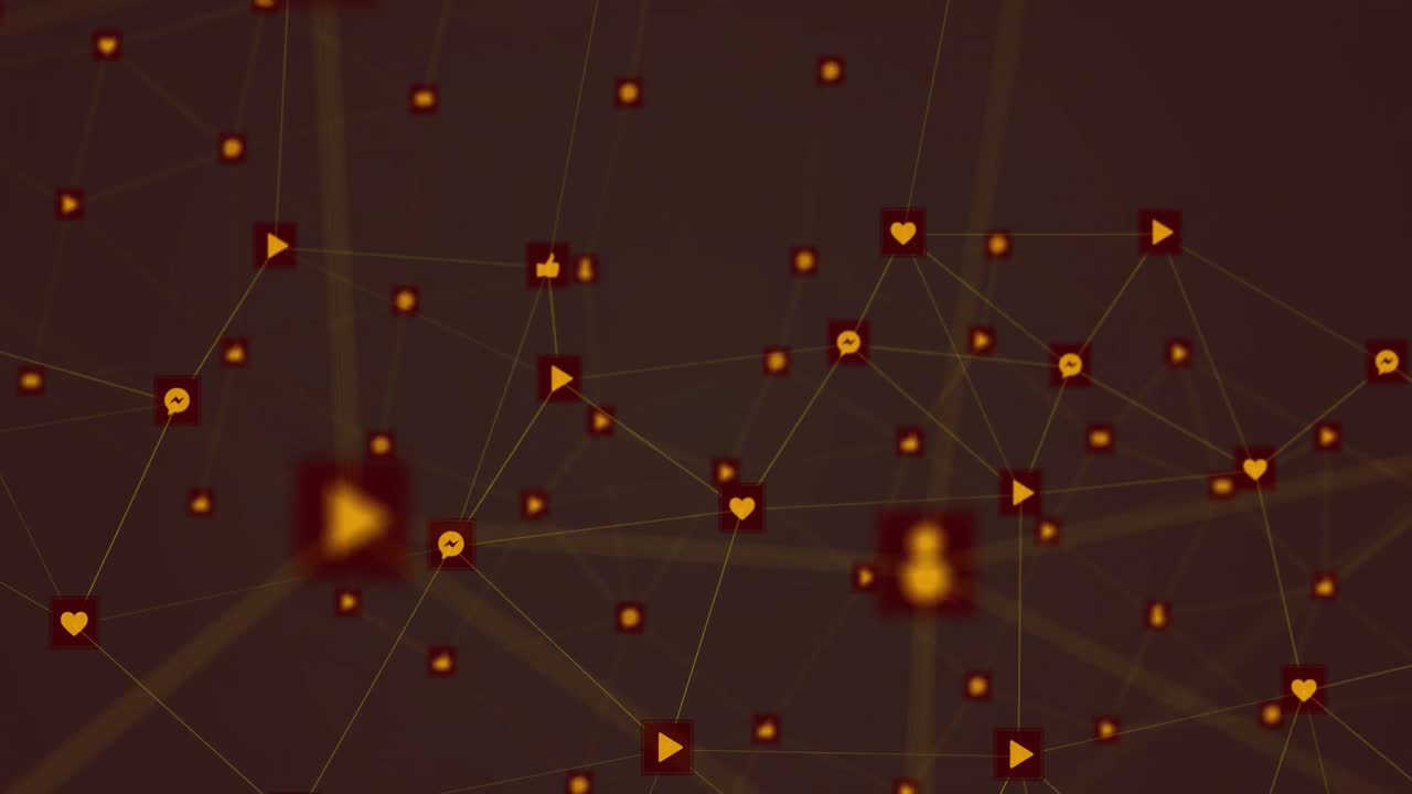 animación digital de una red de iconos digitales contra un fondo negro