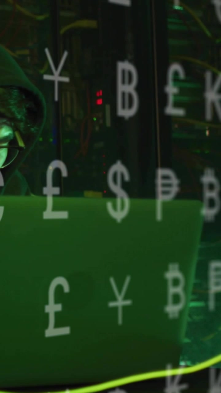 Video verticale: Uomo incappucciato che usa un laptop verde su un rack, sposta icone di monete che mostrano un volto e verifica.