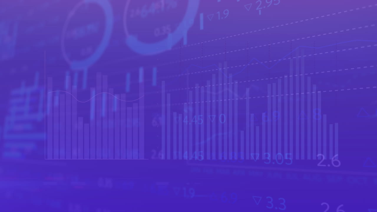 Animation of statistical and stock market data processing against purple gradient background