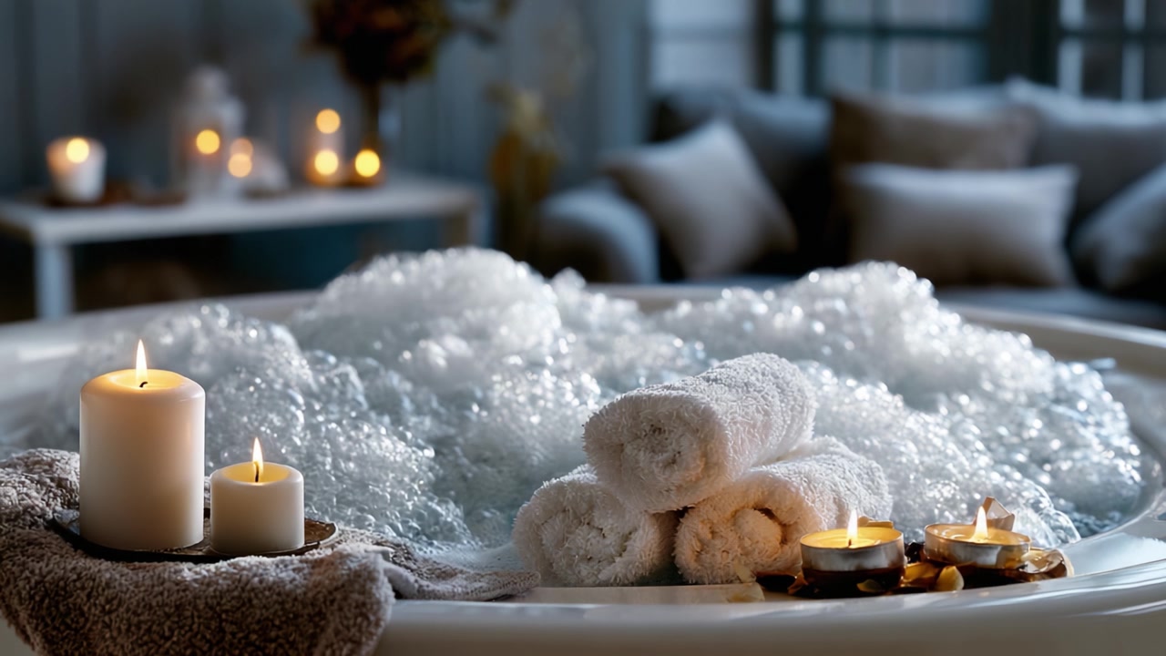 Relaxation Oasis: Soothing Bath Scene with Bubbling Water, Soft Towels, and Tranquil Candlelight for a Serene Getaway at Home