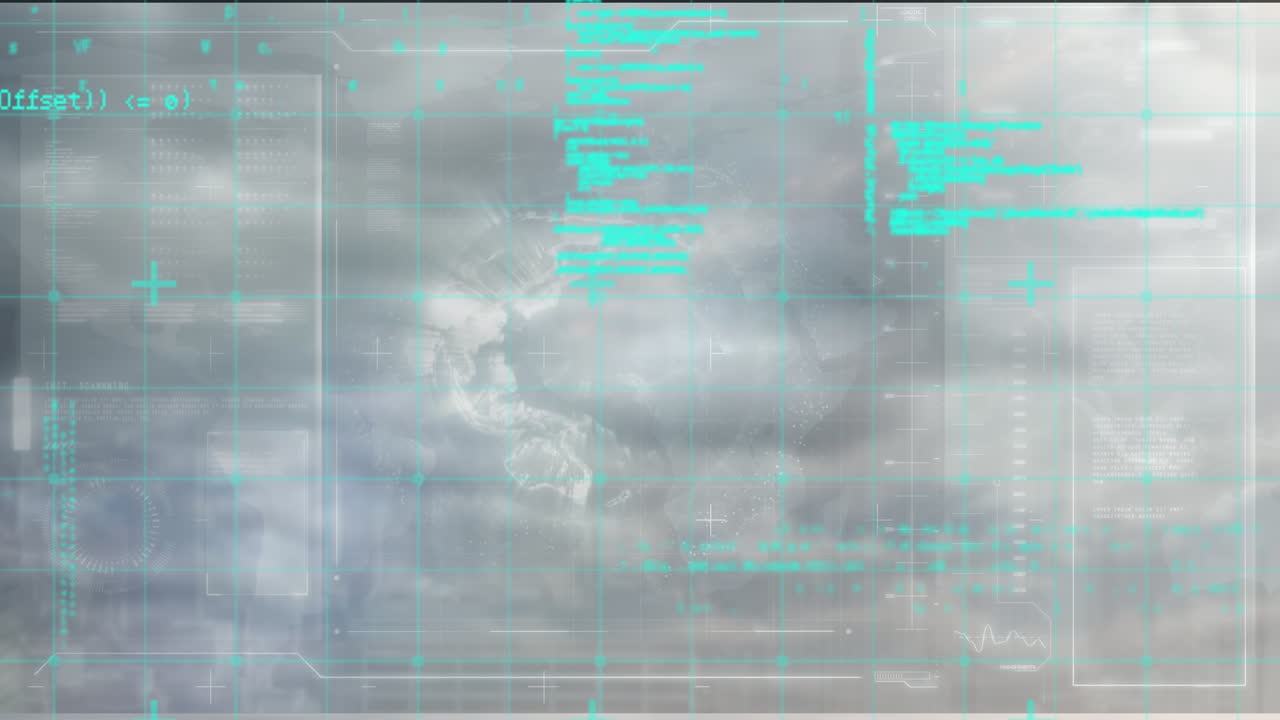 회전하는 지구와 파란 데이터 처리 인터페이스의 애니메이션