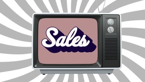 animation of retro sales text over vintage tv set and grey stripes on white background