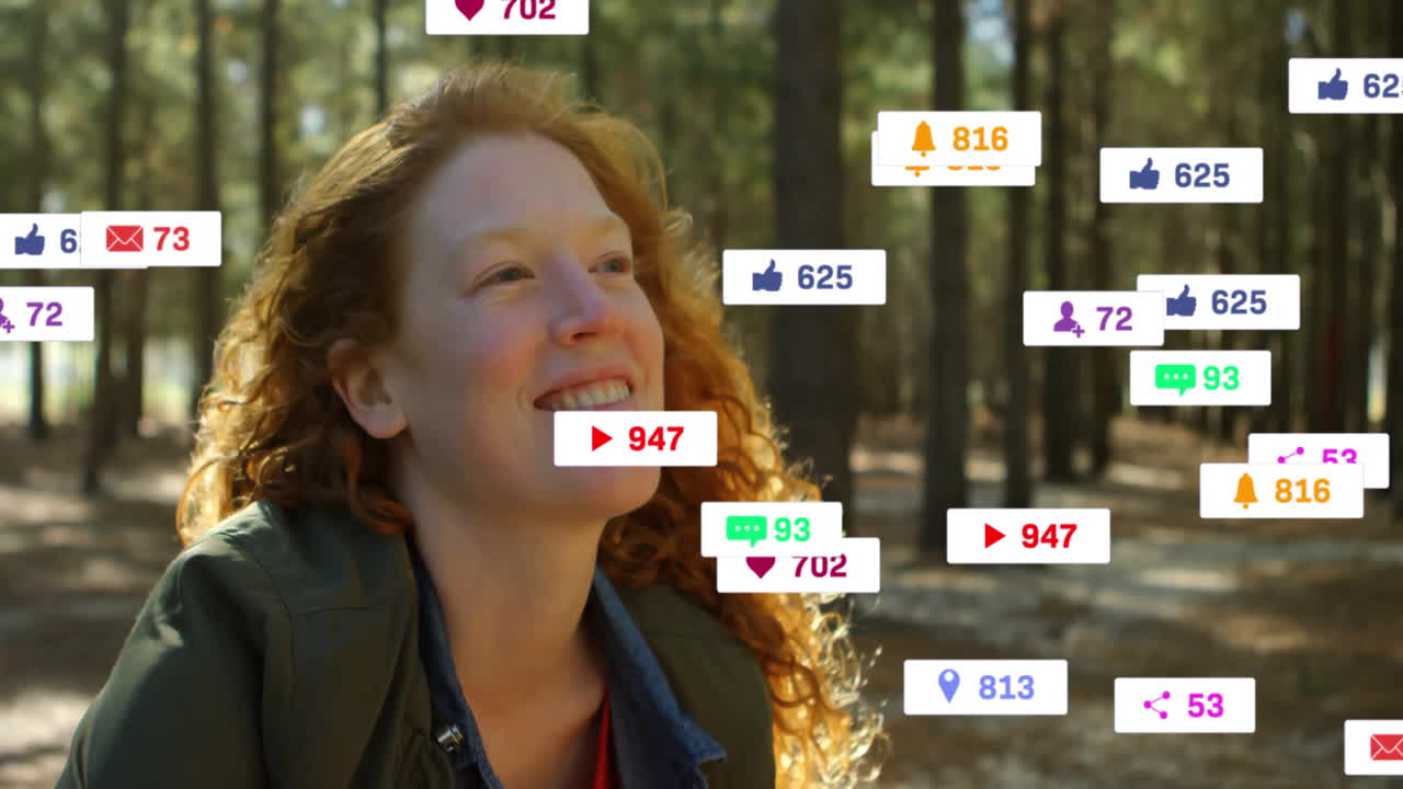 Woman gazing upward in pine forest, displaying floating social media marketing engagement icons
