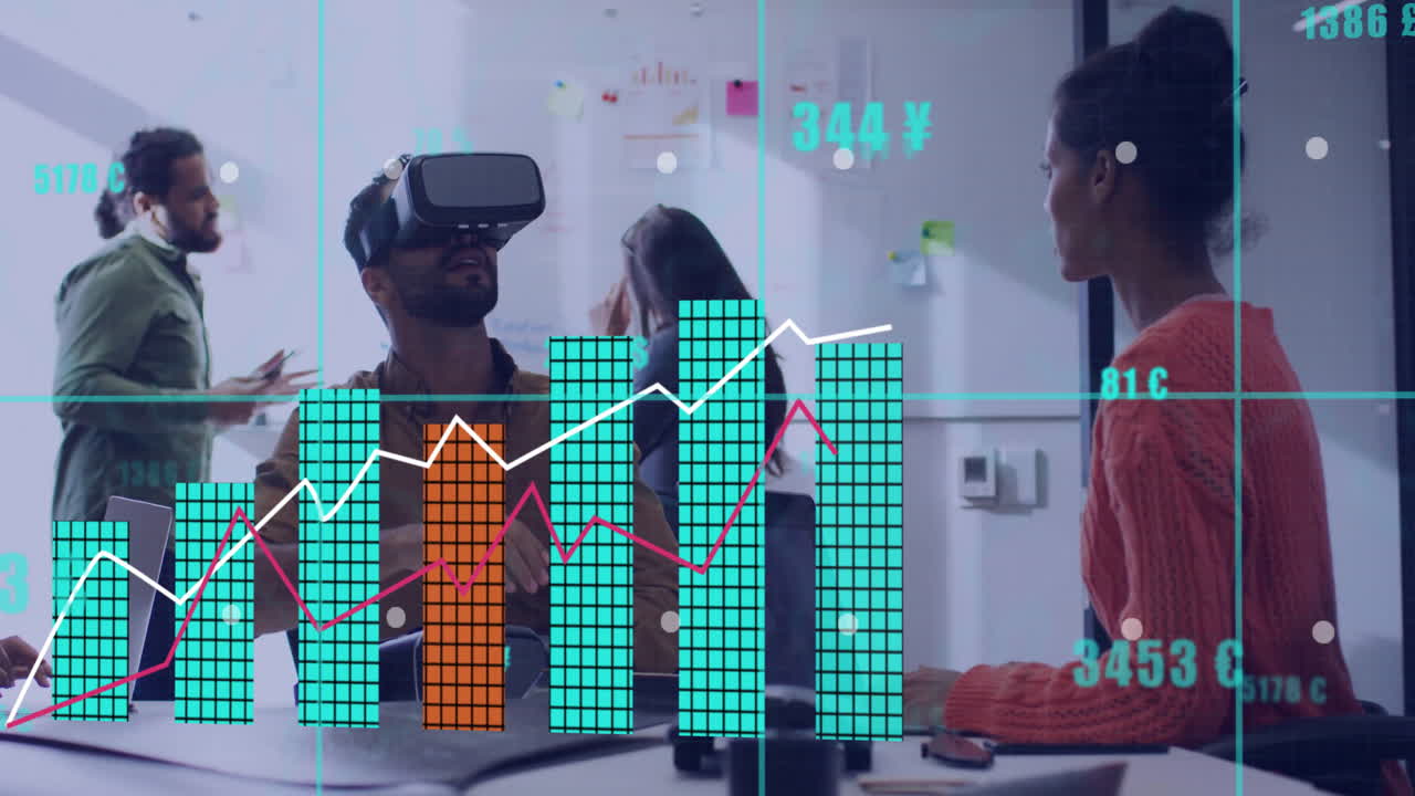 Virtual reality headset and financial data animation over business meeting in office