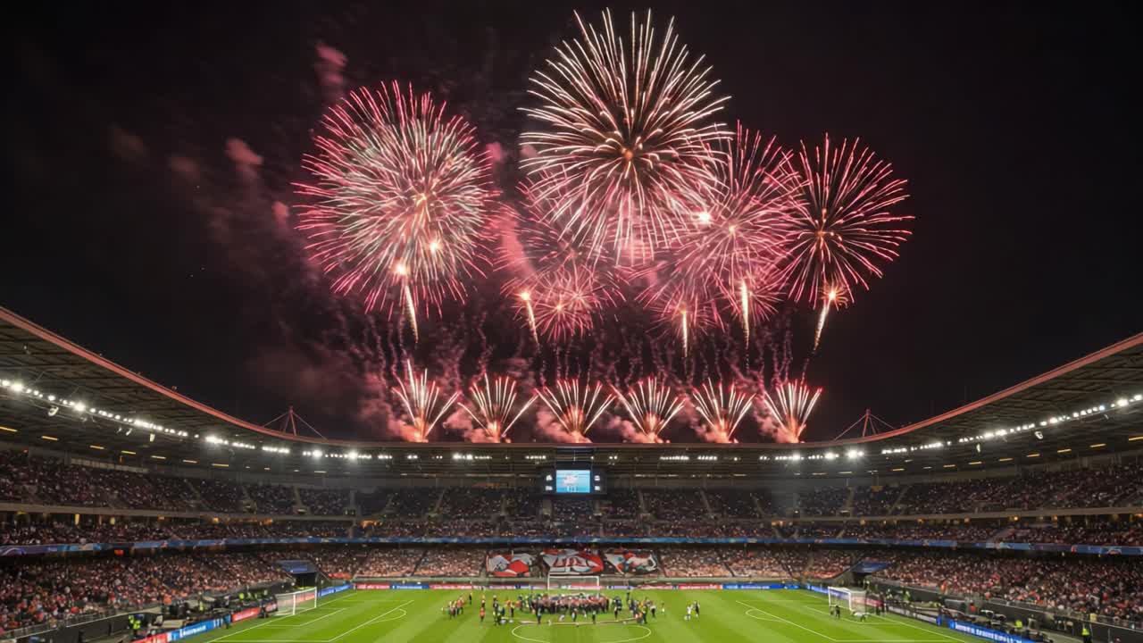 Breathtaking Fireworks Illuminate the Night Sky Above a Thrilling Sporting Event as Fans Celebrate in the Stadium, Creating an Unforgettable Atmosphere of Excitement