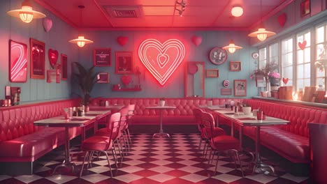 a retro-themed diner interior decorated for valentine's day with a prominent neon heart sign