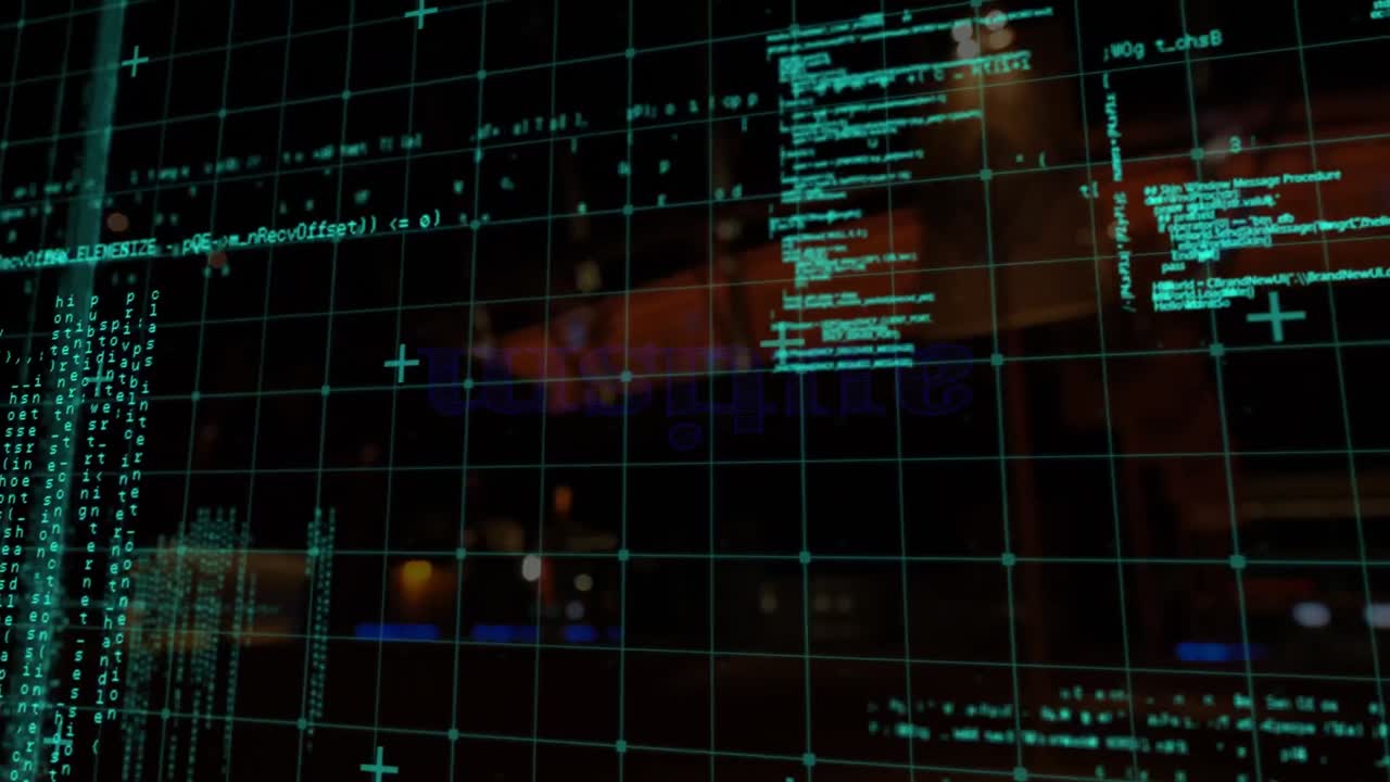 Animation of data processing over blurred cityscape