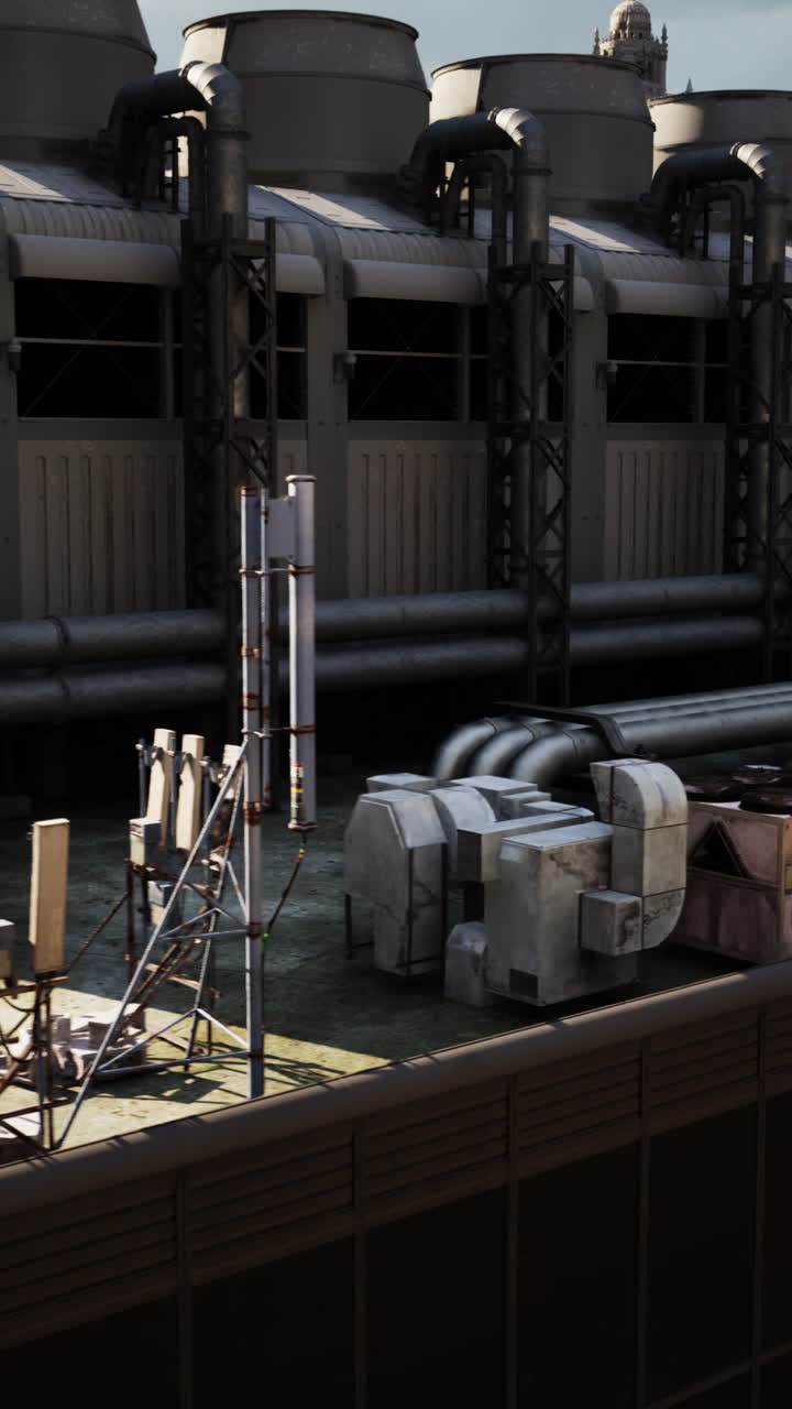 scena industriale sul tetto: macchinari e torri di raffreddamento