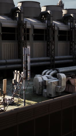 escena de techos industriales: maquinaria y torres de refrigeración