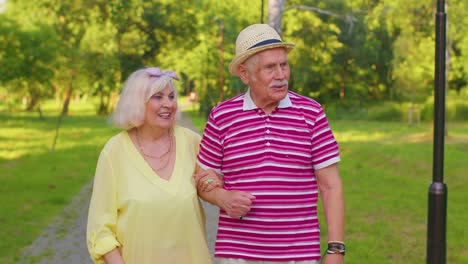 ancianos jubilados elegante pareja abuela abuelo caminando, disfrutando del tiempo juntos en el parque