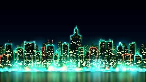 city skyline silhouette with animated windows, illuminated in the form of an inscription merry christmas, background with fireworks, seamless loop