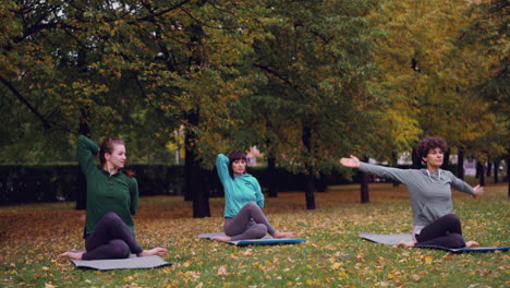 women practicing yoga in an autumn park