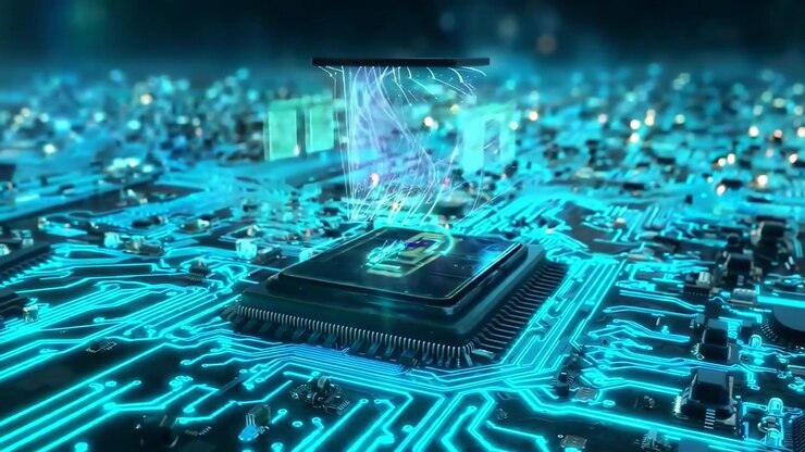 Digital Circuit Board with Glowing Data Flow, Security Key, and AI Brain