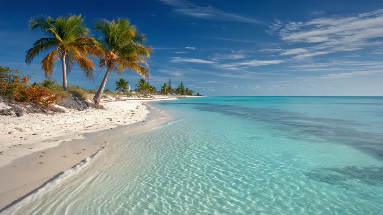 Serene Tropical Beach with Crystal Clear Waters and Lush Palm Trees Under a Bright Blue Sky – A Perfect Escape into Nature's Beauty