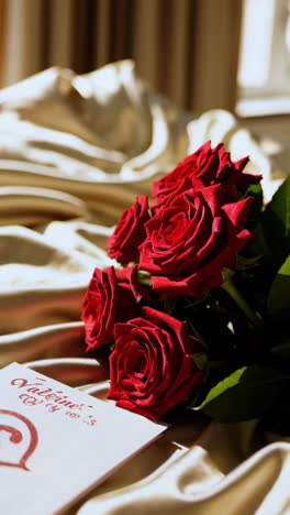 Red Roses Bouquet with Valentine's Day Card on Satin