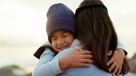 security, mother and son hug outdoor