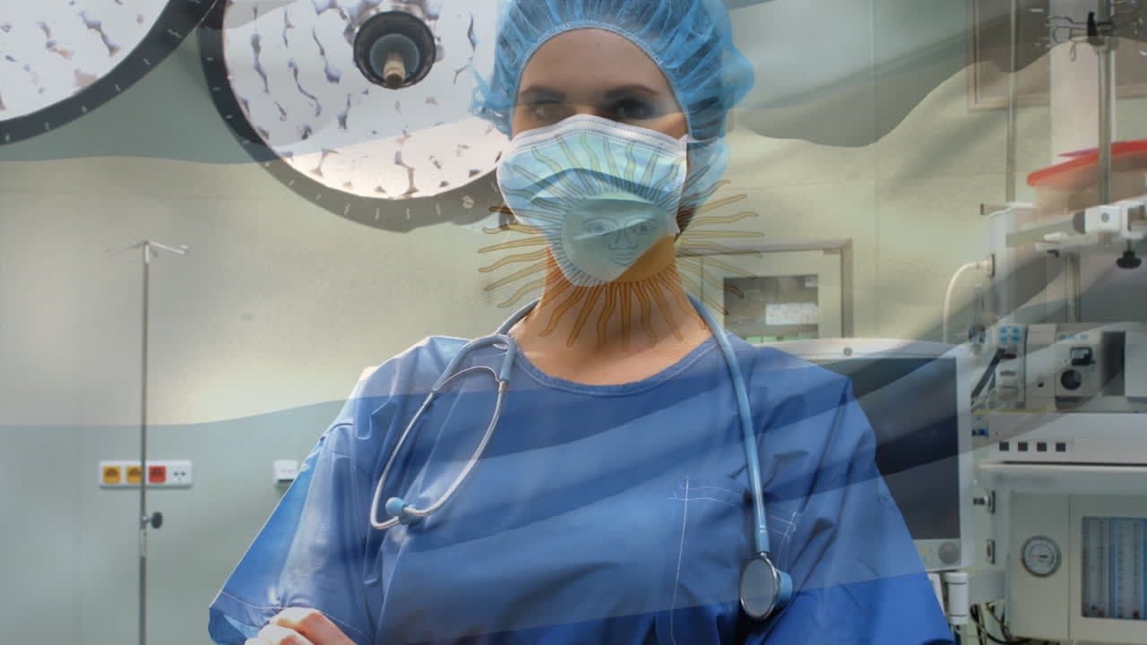 animación de la bandera argentina ondeando sobre el anestesiólogo en el quirófano