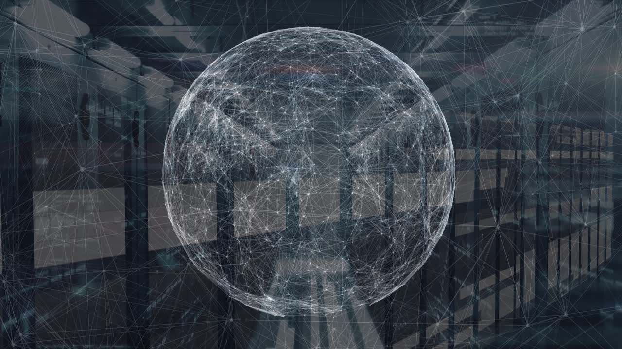 Animation of network of connections and globe over server room