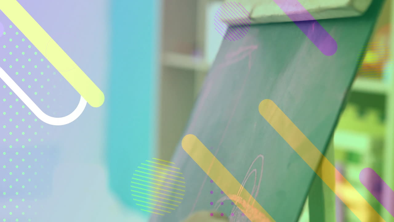 Drawing on chalkboard, child surrounded by colorful lines and circles animation
