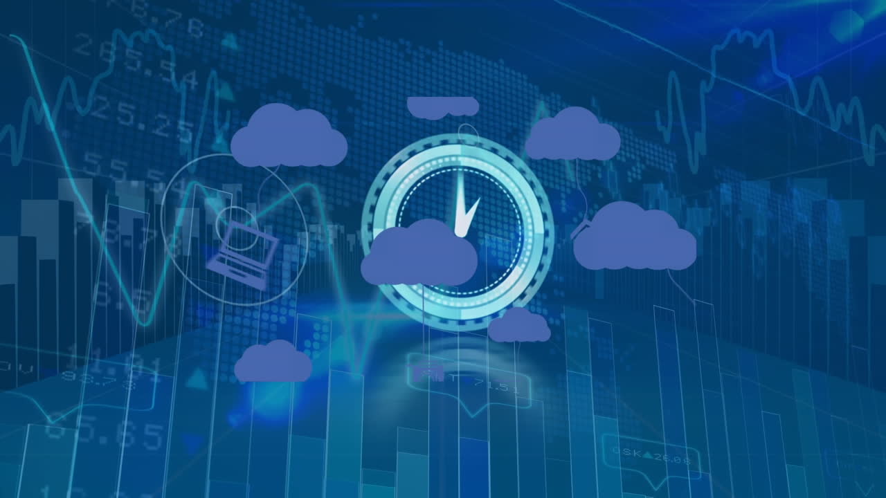 Animation of clouds with icons over graph and moving clock