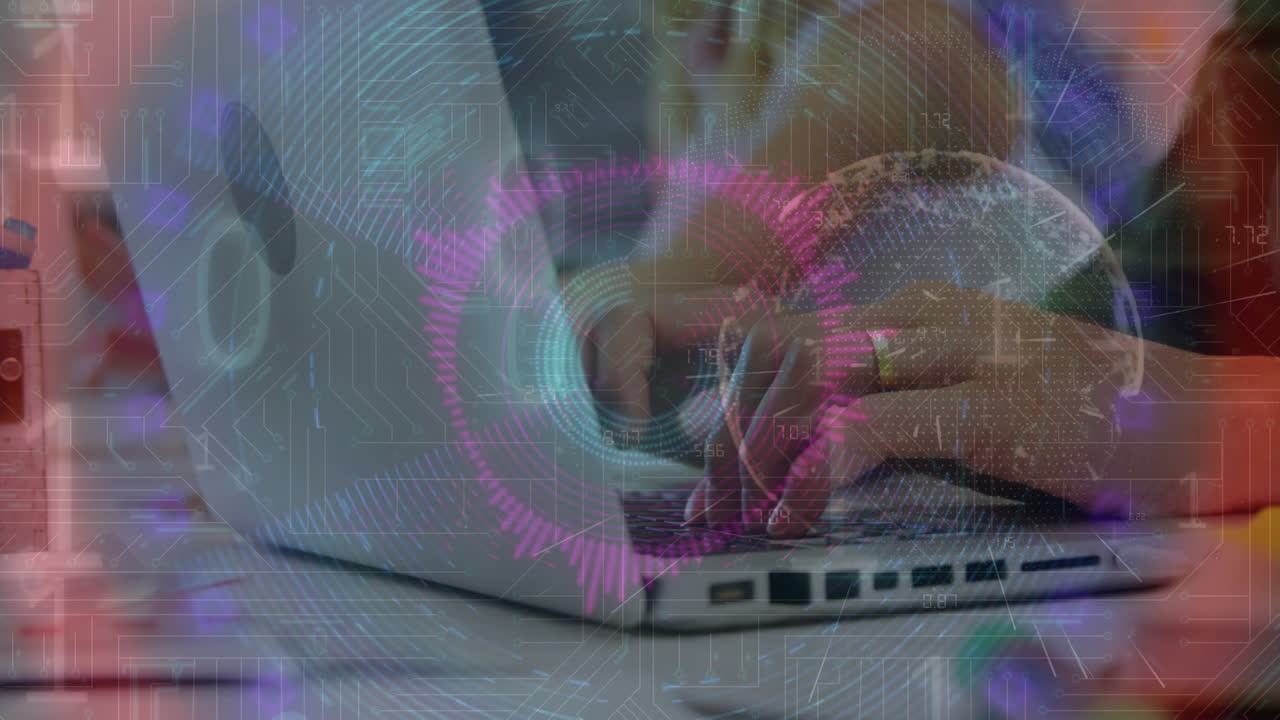animación de código binario nad globe sobre las manos de una chica caucásica usando una computadora portátil en la escuela