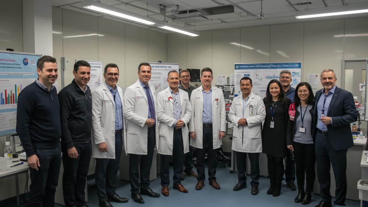 Grupo de profesionales médicos en batas de laboratorio colaborando en un laboratorio de investigación, participando en debates científicos e innovación dentro de un entorno de laboratorio moderno