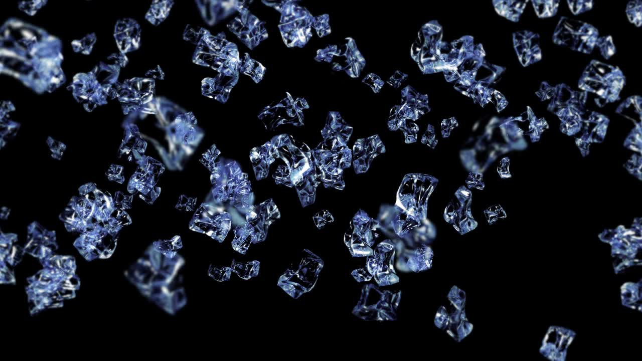 검은색 바탕에 많은 깨한 얼음 큐브를 날아. 부서진 얼음 조각, 자연 물. 부러진 얼음의 3d 애니메이션 회전. 루프 애니메이션.