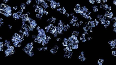 flying many clean ice cubes on black background. pieces of crushed ice, natural water. 3d animation of crushed ice rotating. loop animation.