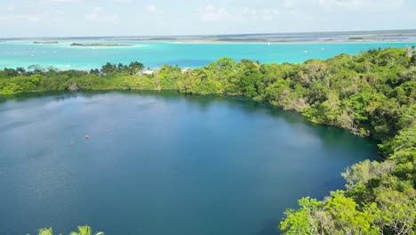 bacalar, showcasing its stunning blue waters and surrounding lush greenery, aerial view